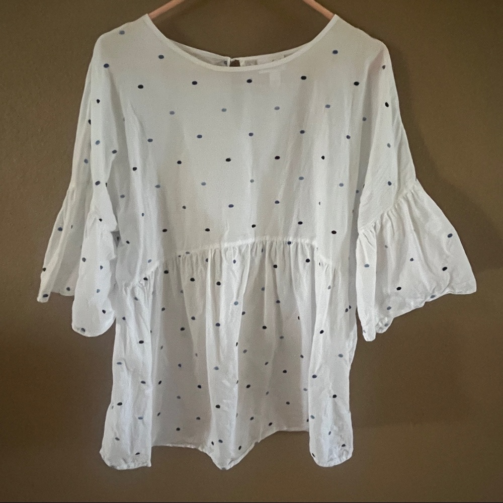 White Maternity Blouse with Blue Polka Dots